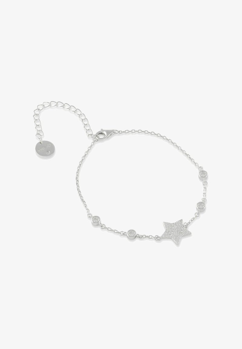 Bracelet en chaîne argentée avec de petits cristaux ronds et un pendentif en forme d'étoile incrusté de minuscules cristaux, doté d'un fermoir ajustable.