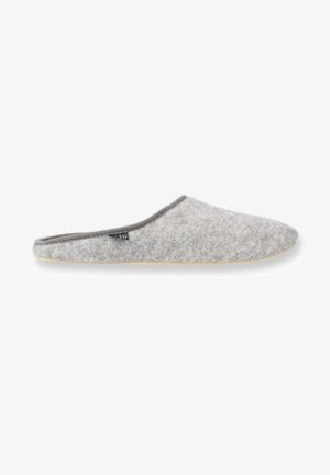 Gray felt slipper with a soft texture, rounded toe, and a muted gray trim around the opening. Flat, light-colored sole, no visible hardware.