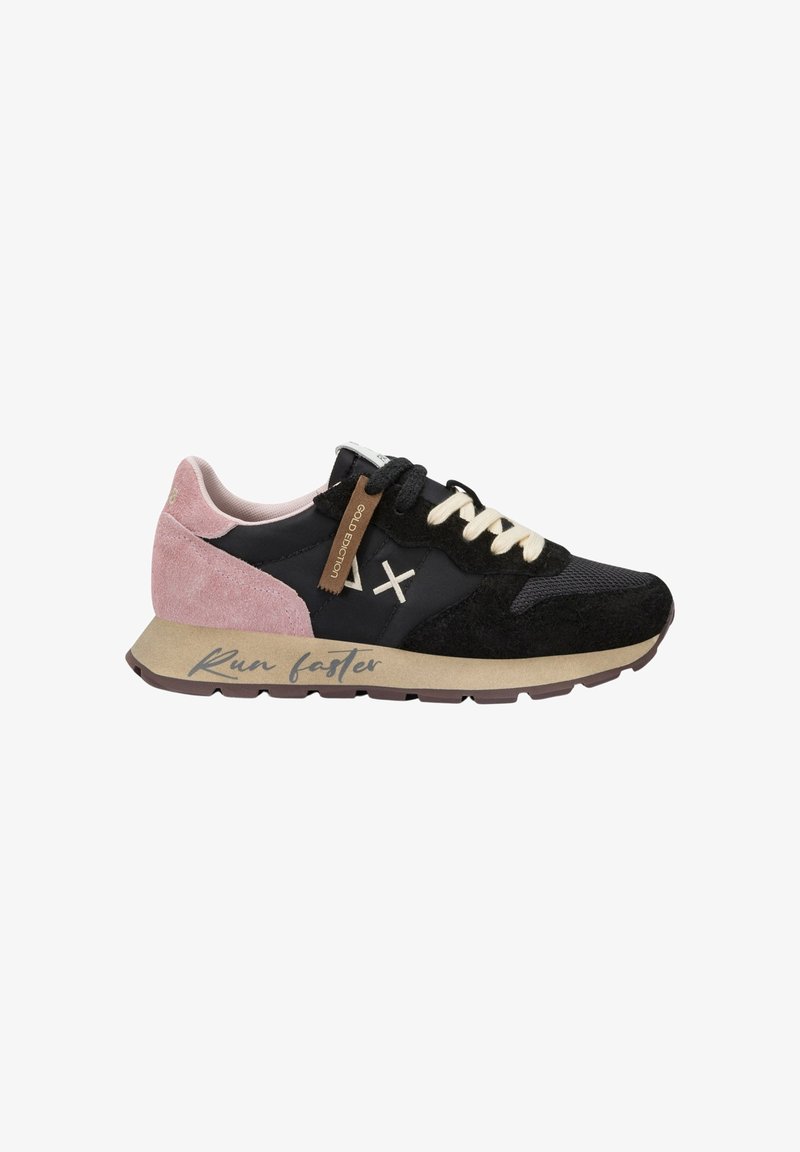 Black and pink sneakers with a textured upper, flat laces, and a tan sole. Features a "Run faster" inscription and a brown tag accent.