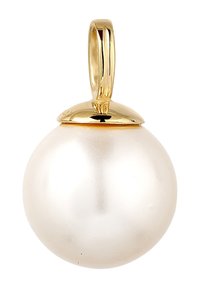 Pendentif rond en perle blanche avec une surface brillante, monté dans une monture en or avec une boucle pour fixation. Design simple, élégant et lisse.