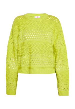 Pulover scurt de culoare verde lime, cu textură țesută, având manșete și tiv late, precum și modele decupate în întreaga țesătură.