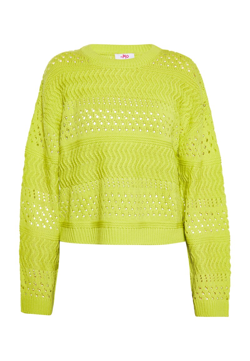 Maglione corto verde lime con texture intrecciata, caratterizzato da ampie maniche a coste e orlo, e motivi intagliati in tutta la trama.