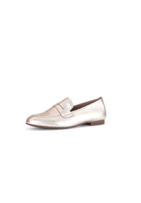 Metallic rose gold loafers with a low heel, featuring a decorative strap across the front, smooth texture, and rounded toe design.