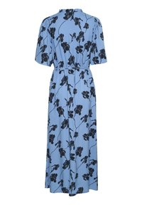 Blaues Kleid mit floralem Muster in Schwarz, kurzen Ärmeln, tailliertem Schnitt und fließendem Design mit einem Midi-Rock.