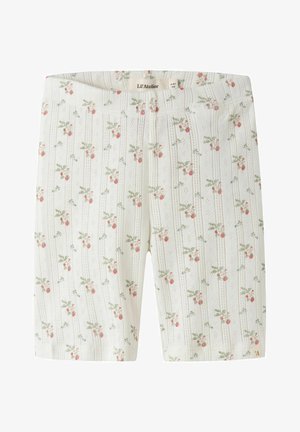 Witte kindershorts met een klein rood en blauw bloemenpatroon en subtiele verticale strepen, maat 4-5 jaar.