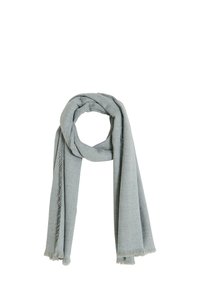 Bufanda de punto gris claro con una textura suave, cuenta con bordes con flecos y un diseño de envoltura circular. Adecuada para diversas opciones de estilo.