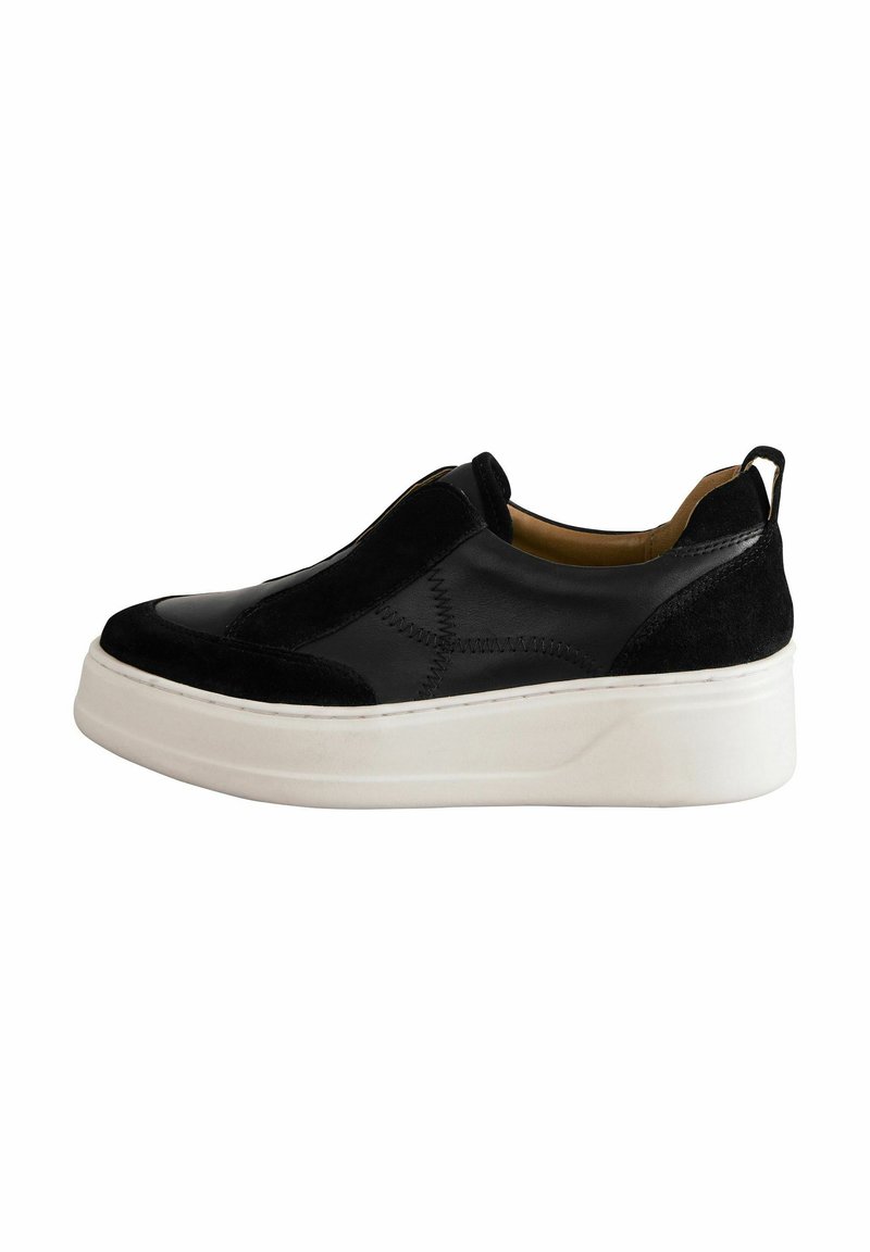 Black slip-on sneaker with a mix of leather and suede, a white rubber sole, and stitched design details. Smooth texture with pull tab.
