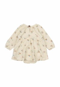 Rochie cu model floral, de culoare crem, cu mâneci lungi, decolteu rotund și închidere cu nasture la spate. Textură moale, cu o siluetă evazată și detalii cu volane.