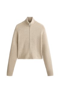 Beige Cropped-Sweater aus Rippstoff, mit hohem Kragen und Frontreißverschluss, breiten Ärmeln und strukturiertem Finish.