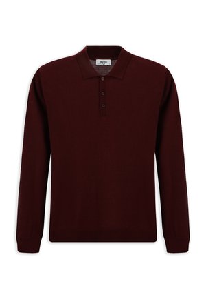 Burgunderfarbenes Langarm-Polohemd mit strukturiertem Kragen und einer Knopfleiste mit drei Knöpfen. Weicher Strickstoff mit gerippten Bündchen und Saum.