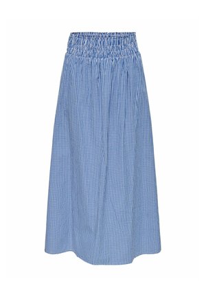 Blauwe en witte vichy midi-rok met elastische geplooide tailleband en A-lijn silhouet.