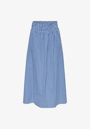 Blue and white gingham midi skirt with elastic gathered waistband and A-line silhouette.