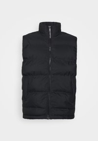 Czarna puchowa kamizelka z wysokim kołnierzem, pikowanymi panelami, zamkiem błyskawicznym z przodu oraz bocznymi kieszeniami. Gładka faktura, lekki materiał.