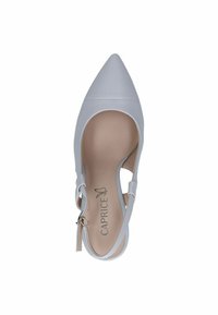 Grå spidse pumps med slingback-design, glat syntetisk materiale og en polstret indersål med brandnavnet "Caprice."