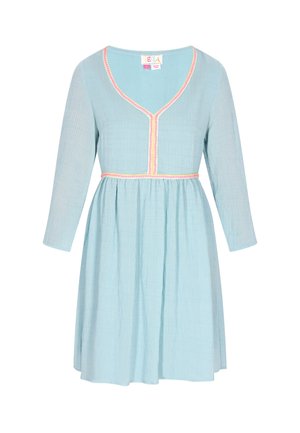 Helles blaues Kleid mit langen Ärmeln, V-Ausschnitt und bunten gestickten Akzenten am Ausschnitt und der Taille. Strukturierter Stoff mit gerafft herabfallendem Rock.