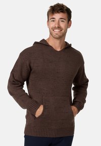 Haut à capuche en tricot marron avec un motif texturé, poche avant et poignets côtelés. Comprend une capuche avec cordon de serrage et une coupe décontractée.