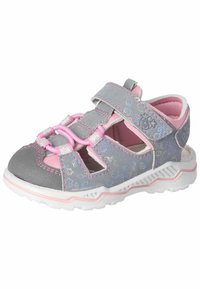 Sandalia gris y rosa con patrón floral, diseño abierto, doble tira de Velcro, interior acolchado y suela de goma blanca texturizada.