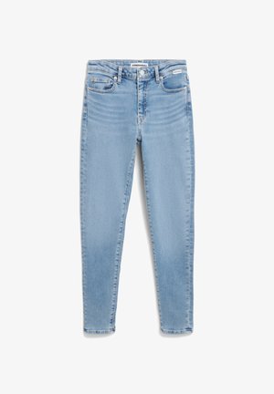 Lichtblauwe slim-fit denim jeans met front pockets, riemlussen, knoopsluiting en merklabels op de tailleband.