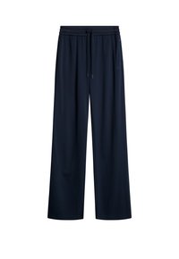 Granatowe spodnie w szerokim kroju wykonane z miękkiego materiału, z elastyczną talią z sznurkiem do regulacji oraz bocznymi kieszeniami. Gładka tekstura, casualowy styl.