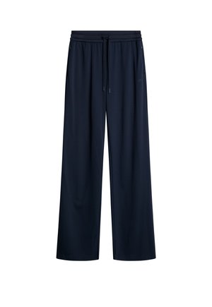 Marineblaue weite Hosen aus weichem Material, mit einem elastischen Bund und Kordelzug, sowie seitlichen Taschen. Glatte Textur, lässiges Design.