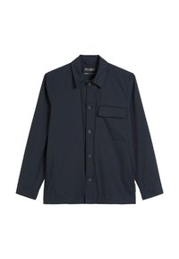 Marineblaues Hemd mit langen Ärmeln, einer einzelnen Brusttasche und einem Standardkragen. Hergestellt aus leichtem Stoff mit einer glatten Textur.