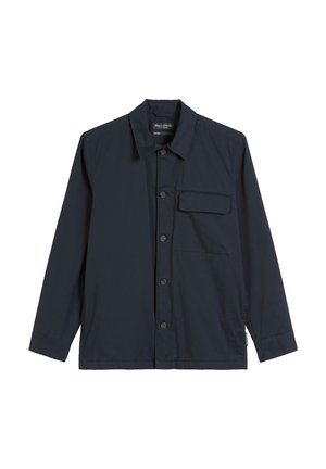 Navy button-up shirt with long sleeves, single chest pocket, and a standard collar. Made from lightweight fabric with a smooth texture.