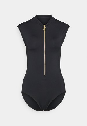 Body nero con colletto alto, maniche corte e zip frontale. Presenta un cursore circolare e un design aderente. Tessuto a finitura liscia.