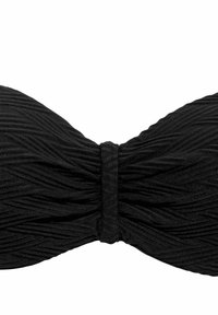Top bikini bandeau nero realizzato in tessuto strutturato; presenta pieghe arricciate e un accento centrale a nodo. Nessuna tracolla visibile.