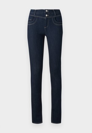 Jeans in denim scuro con vestibilità slim, dotati di chiusura a doppio bottone, tasche frontali e cuciture a contrasto.