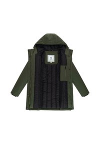 Zielona kurtka z kapturem, z czarną pikowaną podszewką, zamek z przodu, zatrzaski oraz wewnętrzna kieszeń na zamek po prawej stronie.