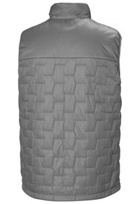 Graue Pufferweste mit hohem Kragen, gestepptem Muster und glatter Oberfläche. Das Design ist ärmellos mit einem geraden Saum.