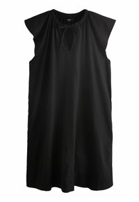 Abito nero senza maniche con scollatura a chiave, dettaglio con cordoncino e tessuto morbido e leggero; vestibilità rilassata e design fino al ginocchio.