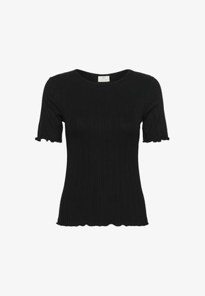 Czarna, prążkowana koszulka z krótkim rękawem i falbanastym wykończeniem. Posiada okrągły dekolt i teksturowany materiał. Metka przymocowana w okolicy szyi.