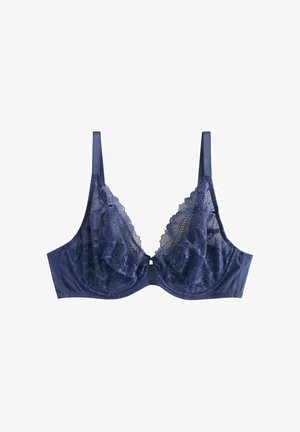 Navyblauwe kanten bh met doorschijnende kanten cups met golvende randen, satijnen banden en een gladde onderband. Inclusief een centrale decoratieve accent.
