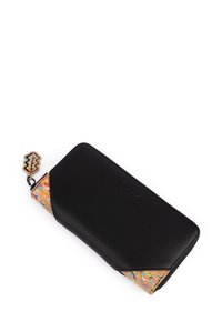 Black leather wallet with a textured cork accent featuring multicolored patterns. Zipper closure with a decorative cork pull tab.