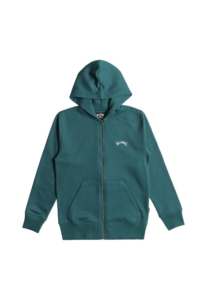 Felpa con cappuccio e zip in teal, realizzata in tessuto morbido. Presenta tasche a marsupio, polsini a costine e un piccolo logo sul petto.