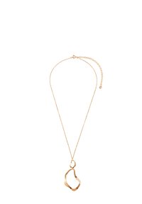 Złoty naszyjnik z abstrakcyjnym wisiorkiem o falistym kształcie, zawieszonym na delikatnym łańcuszku z regulowanym zapięciem.