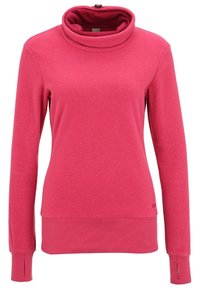Sudadera de forro polar con cuello alto en rosa brillante, con mangas largas y dobladillo acanalado. Incluye orificios para los pulgares en los puños para un mejor ajuste.