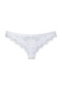 Wei�ßer Spitzenstring mit floralem Muster, gewelltem Saum und kleiner zentraler Schleifenverzierung. Weicher Stoff mit transparenter Textur und niedriger Bundhöhe.