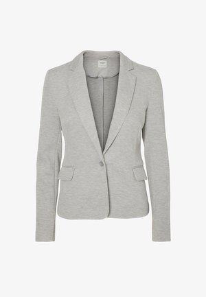 Hellgrauer taillierter Blazer aus weichem Stoff, mit Reverskragen, Ein-Knopf-Verschluss und zwei vorderen Taschen. Glatte Textur.