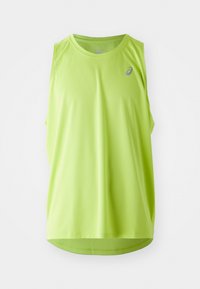 Limetkově zelený bezrukávový sportovní top s kulatým výstřihem a mírně prodlouženým zadním lemem; vyrobený z lehkého, prodyšného materiálu.