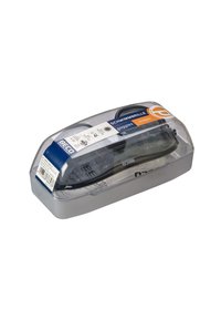 Zwemgogen in een doorzichtige plastic doos met een blauw en oranje etiket waarop merk- en modelinformatie staat.