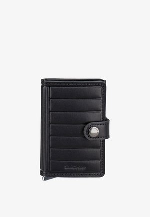 Black leather wallet with horizontal ridges, a snap button closure, and embossed brand name "Secrid" on front.