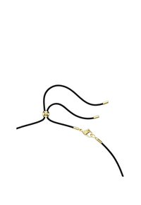 Sort snor med en rund gul slider og en gul hummerlås. Snoren har to endetråde med metalliske spidser.