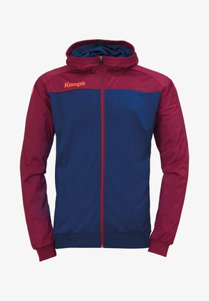 Hooded sportjack met een blauwe romp en kastanjebruine mouwen, rits aan de voorkant en een oranje logo op de borst. Gladde stof, atletische pasvorm.