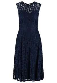 Navy blue lace dress with a fitted bodice and flared skirt. Features a round neckline and floral pattern throughout the fabric.