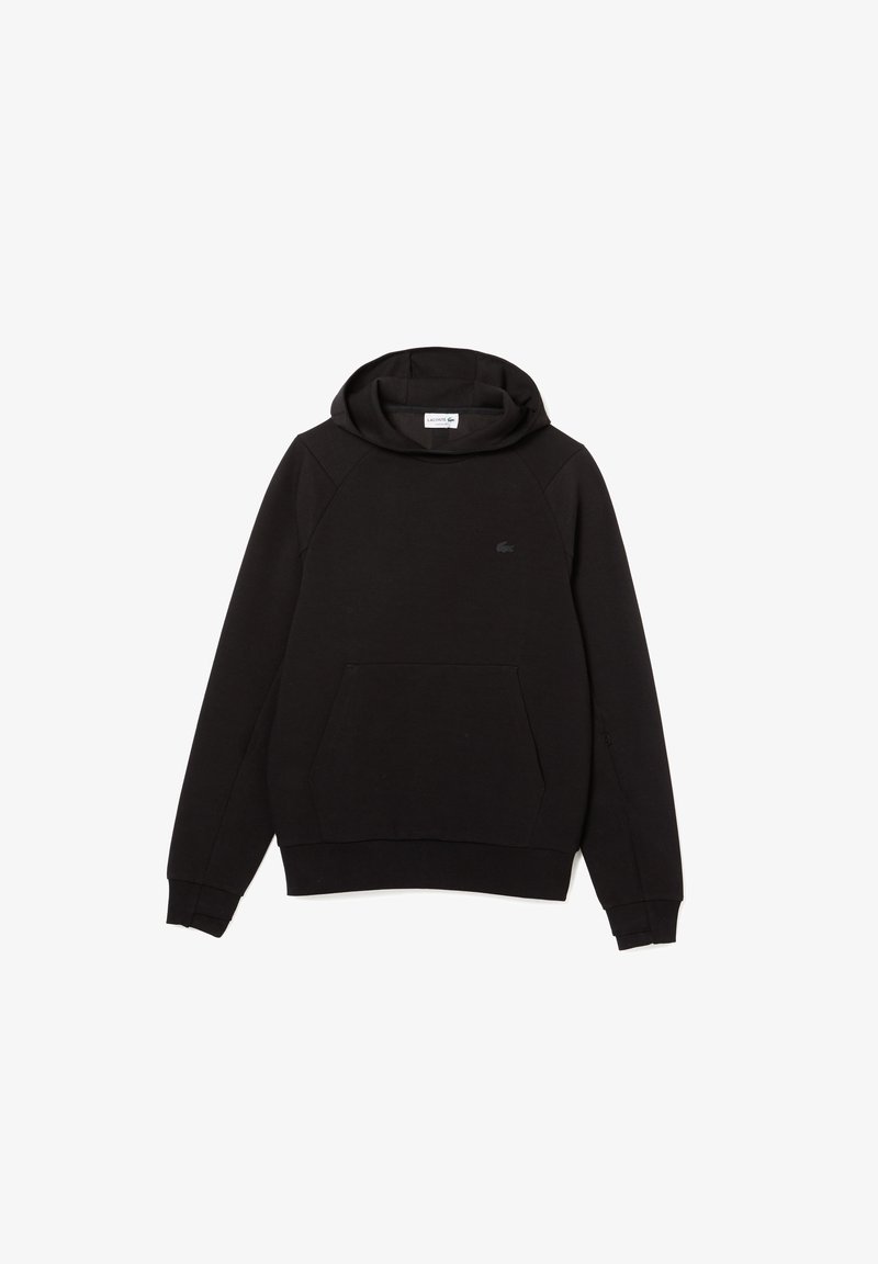 Sweat-shirt noir à capuche avec manches longues, poche kangourou devant et petit logo embossé sur la poitrine.