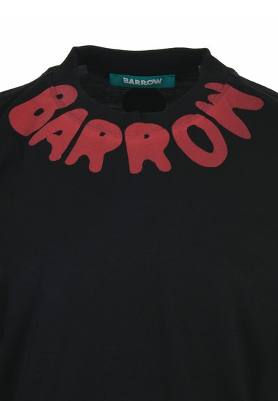 Black crewneck shirt with large red letters spelling "BARROW" curved across the neckline and a green label inside the collar.