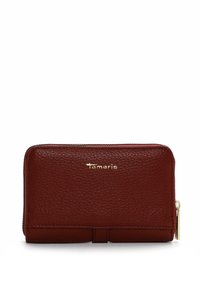 Red pebbled leather wallet with gold logo, features a zip-around closure, flat design, and minimalistic stitching detail.