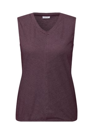 Top sans manches dans un bordeaux foncé avec un décolleté en V. Présente un motif texturé en rayures avec des lignes horizontales sur le tissu.